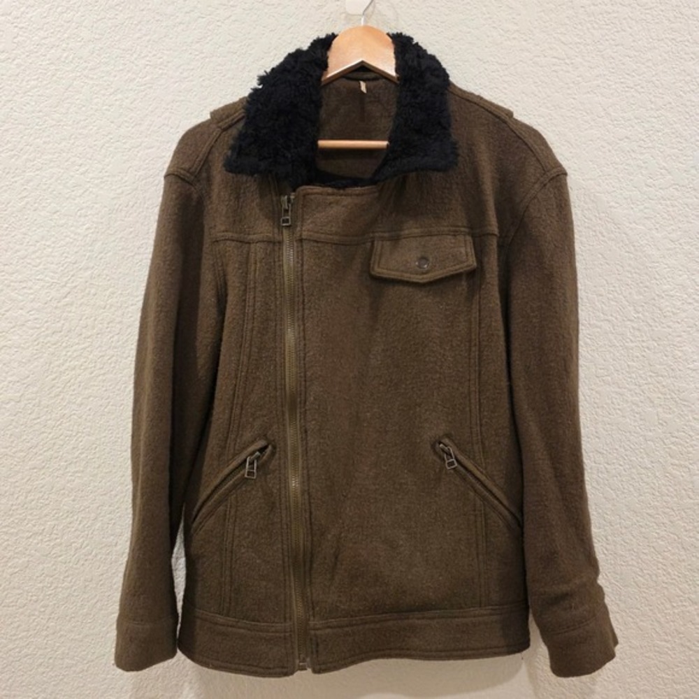 Free People Wool Blend Moto Jacket Olive Brown Faux Fur Collar XS Military‎ Boho